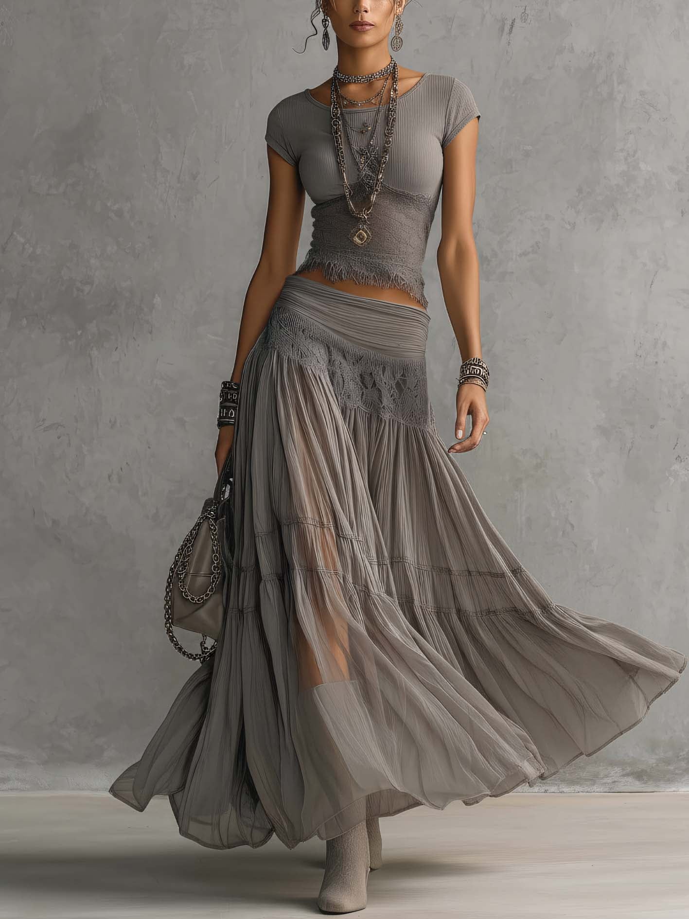 Isadora | Lace-Trim Fringed Top & Pleated Maxi Skirt Set