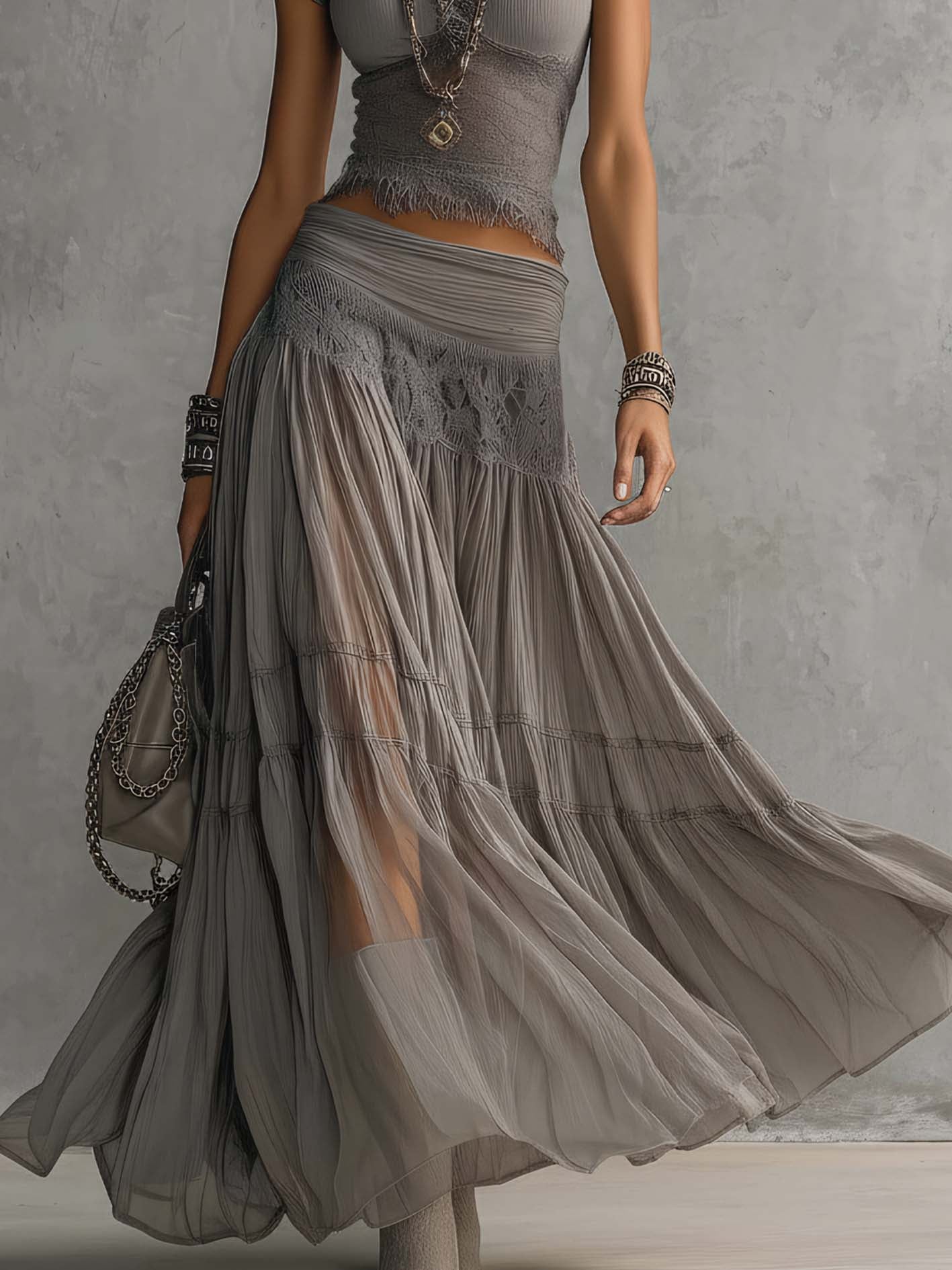 Isadora | Lace-Trim Fringed Top & Pleated Maxi Skirt Set