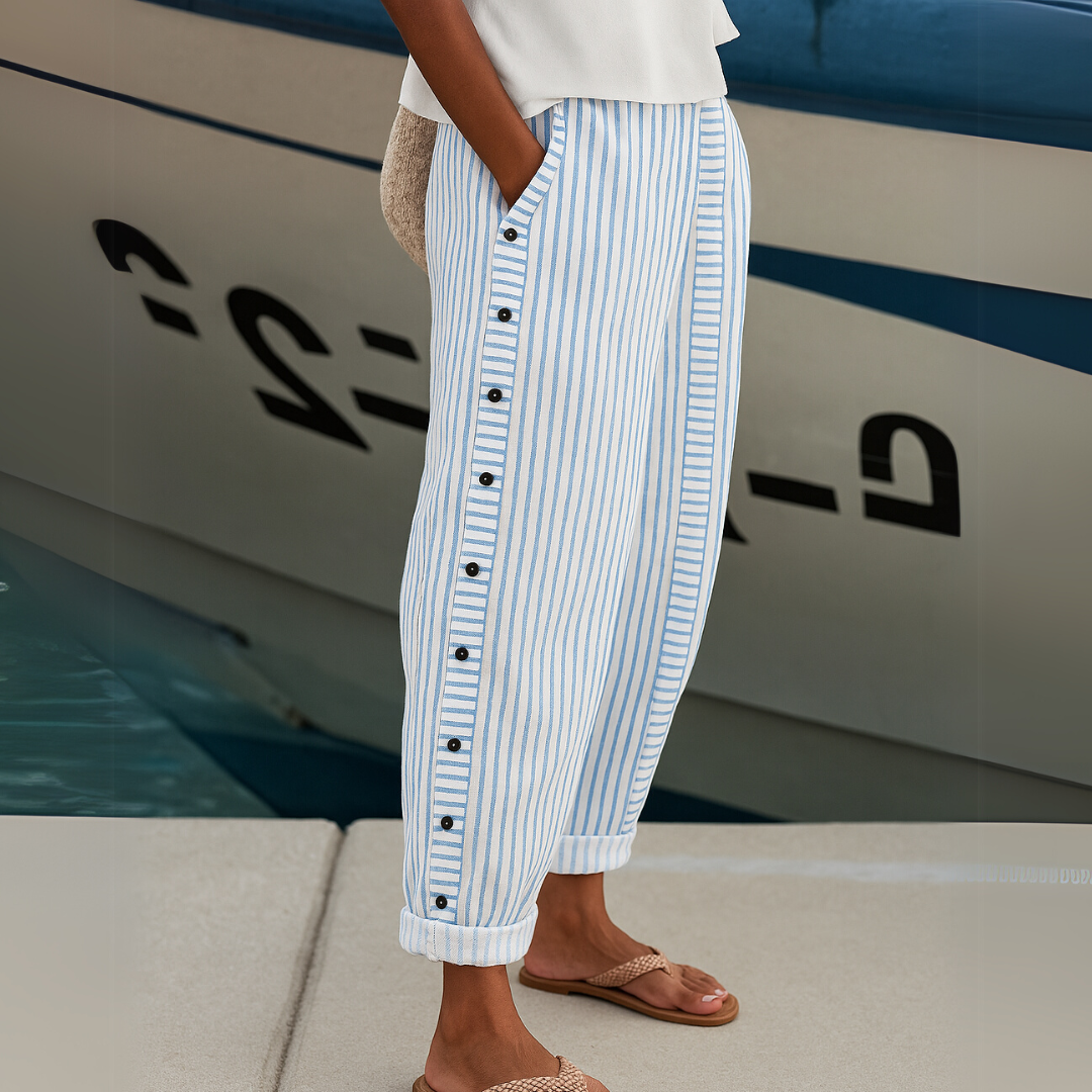 Clover | Striped Button Front Linen Trousers