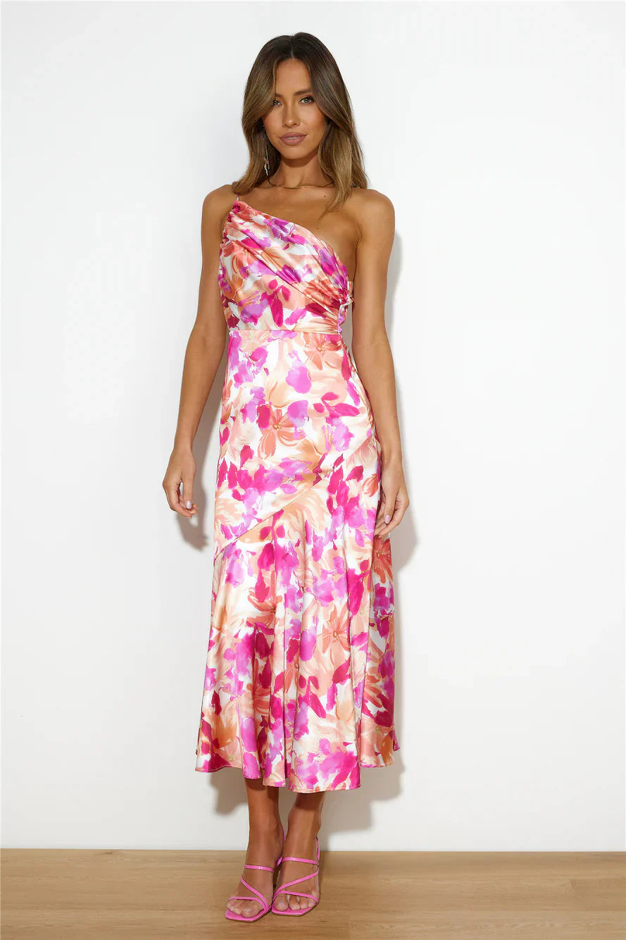 Scarlett | One-Shoulder Floral Satin Midi Dress