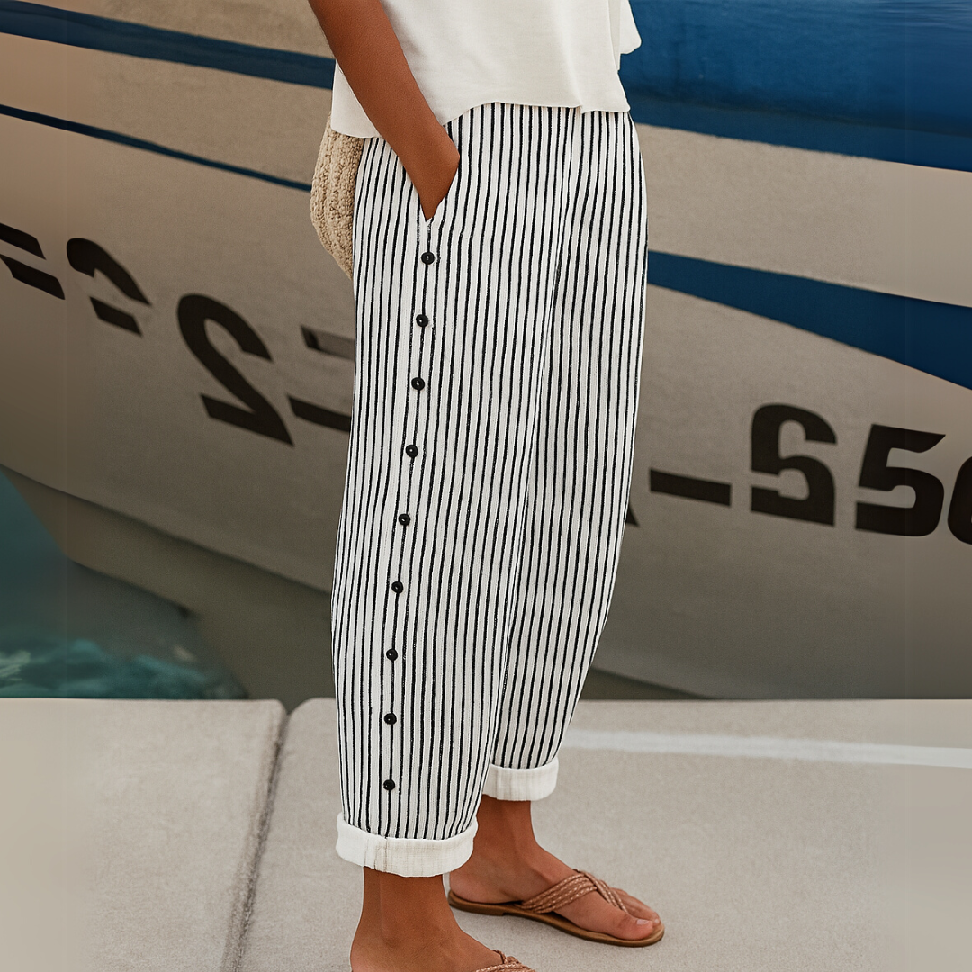 Clover | Striped Button Front Linen Trousers