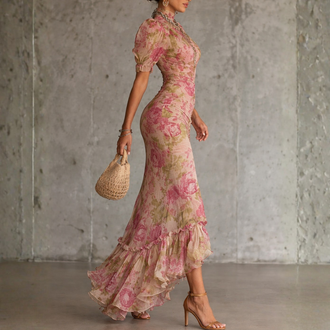 Elowen | Vintage Rose Puff Sleeve Ruffle Maxi Dress