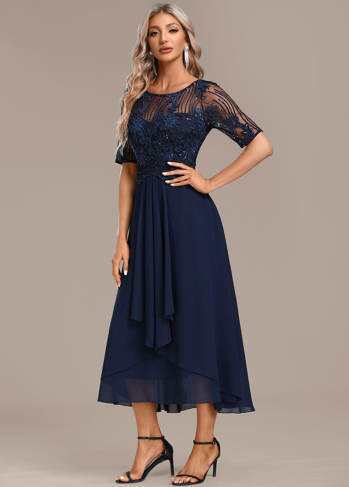 Sophie | Sequin Lace Bodice Chiffon Midi Dress