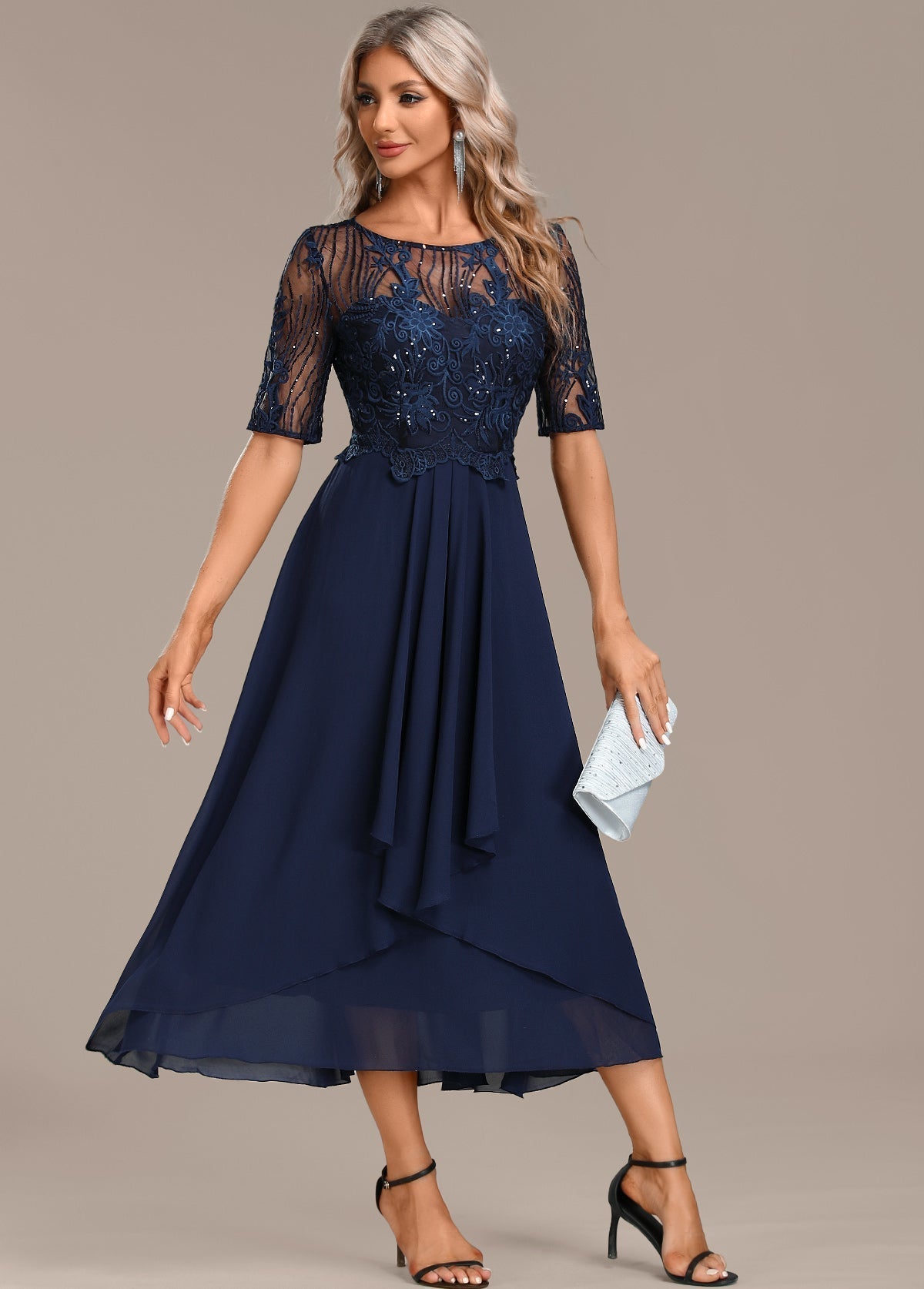 Trending Sophie Navy Lace Short Sleeve Round Neck Dress Style Upgrade