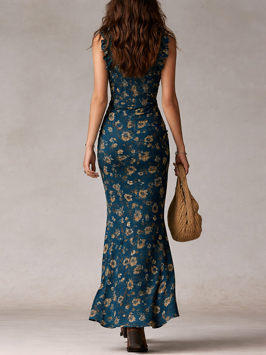 Emerald | Vintage Floral Ruffle Maxi Dress