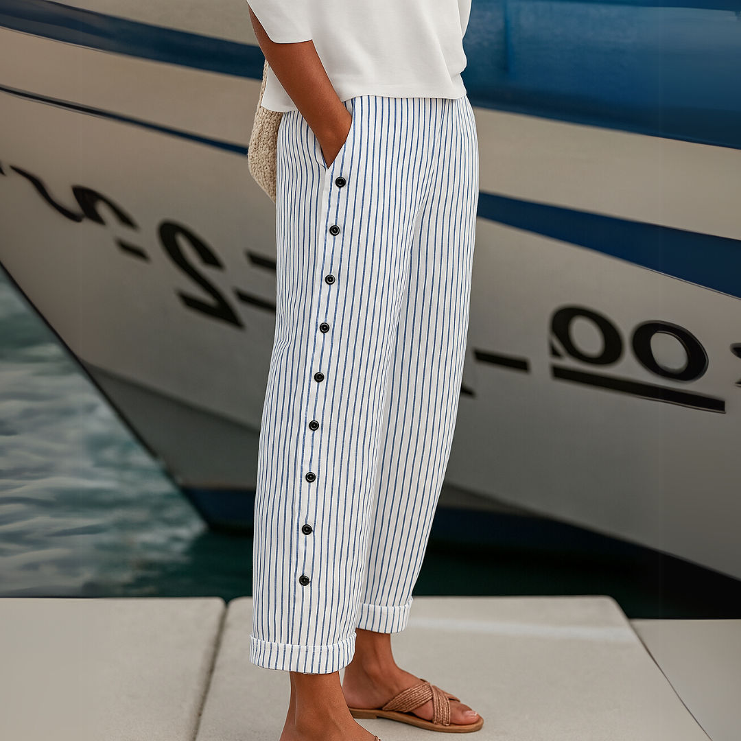 Clover | Striped Button Front Linen Trousers