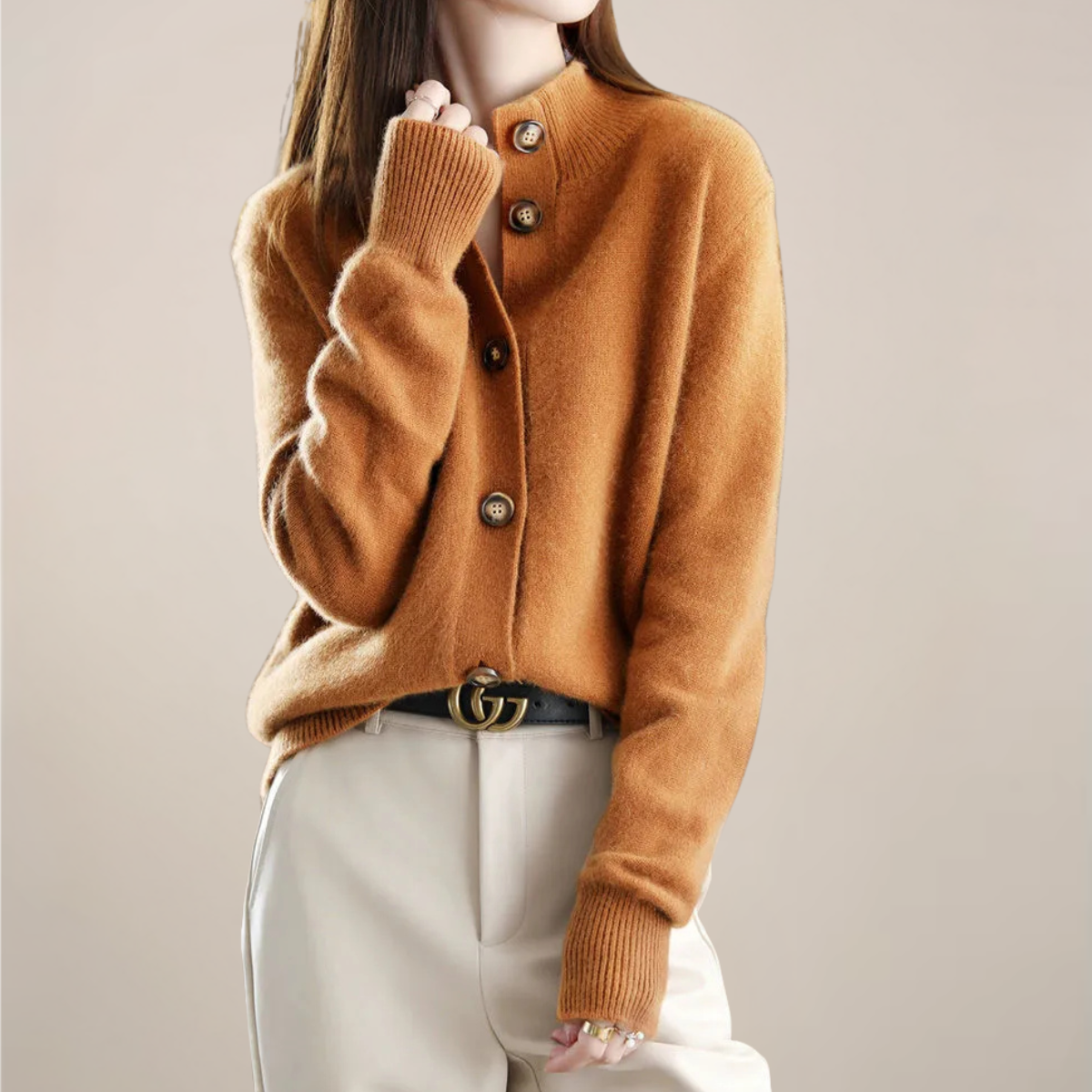 Women’s Cream Cardigan Sweater – Button Front, Soft Collar