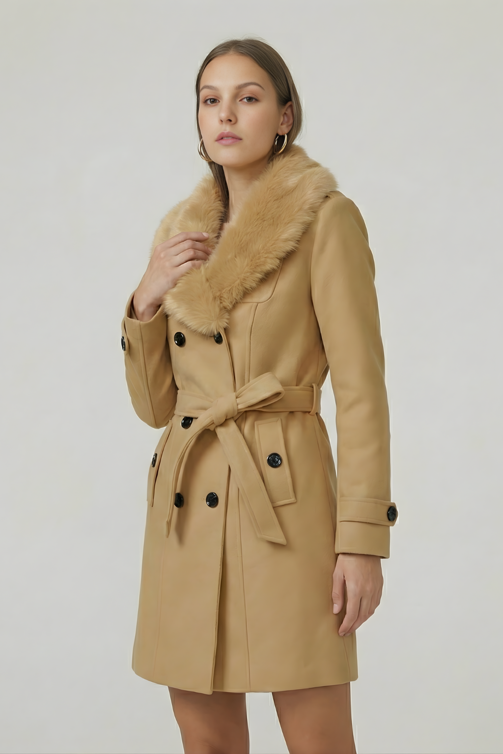Women’s Double-Breasted Belted Trench Coat with Faux Fur Collar