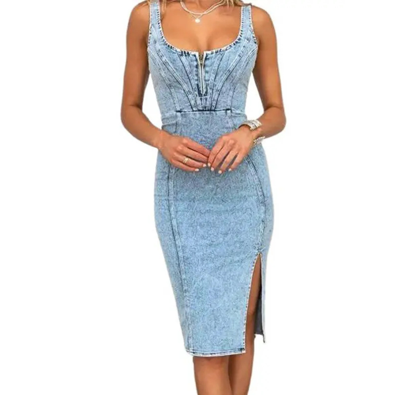 TATIANA™ – Slim-Fit Denim Side Slit Midi Dress