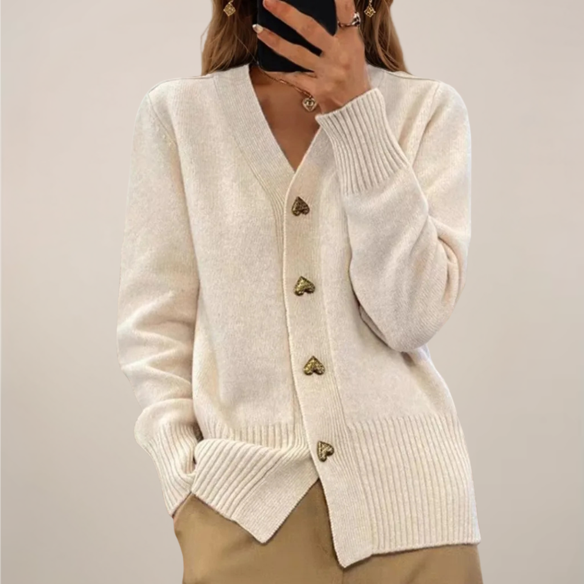 Women’s Cardigan – Gold Heart Button Detail, Elegant Layering Essential