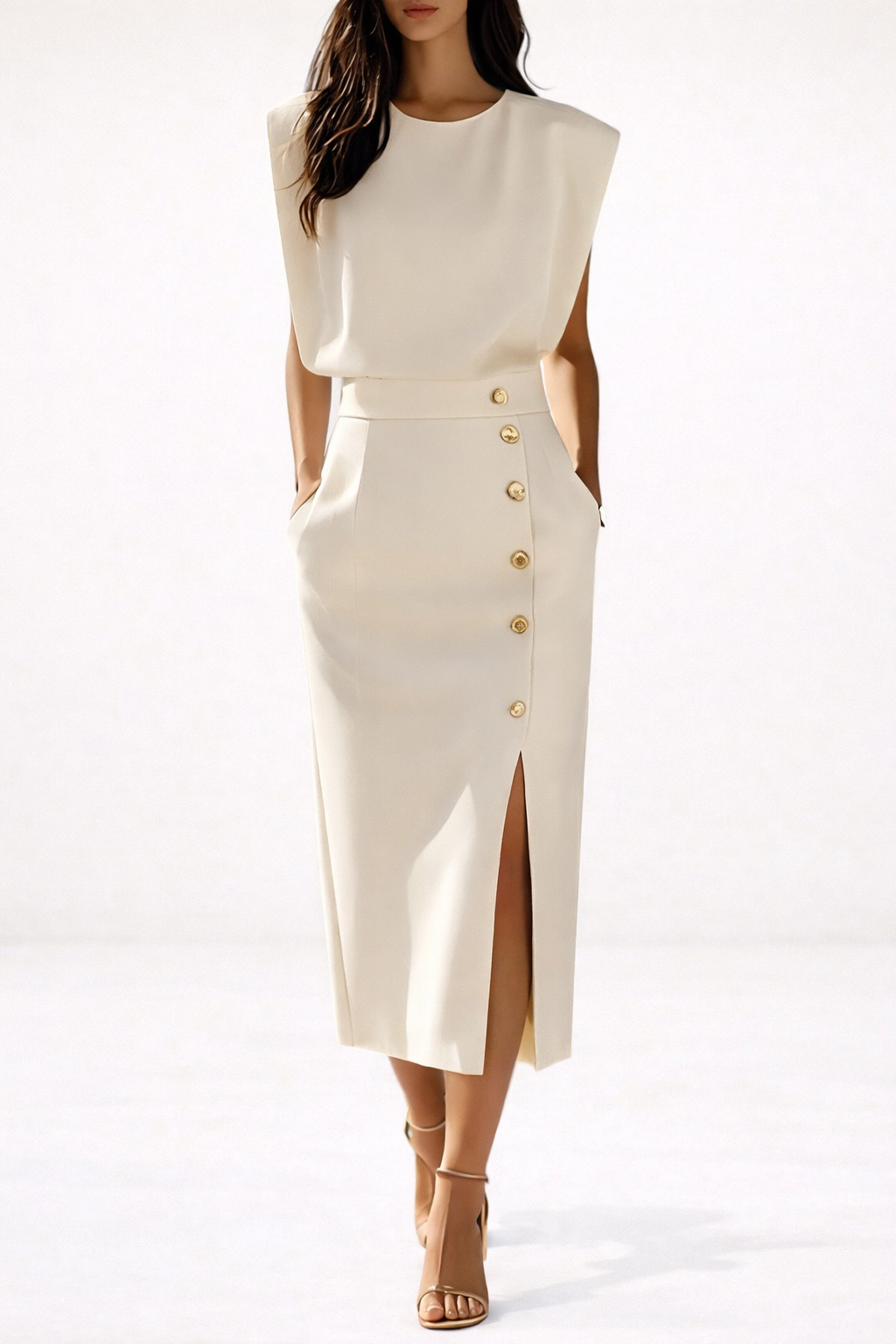 Victoria | Gold Button Midi Dress