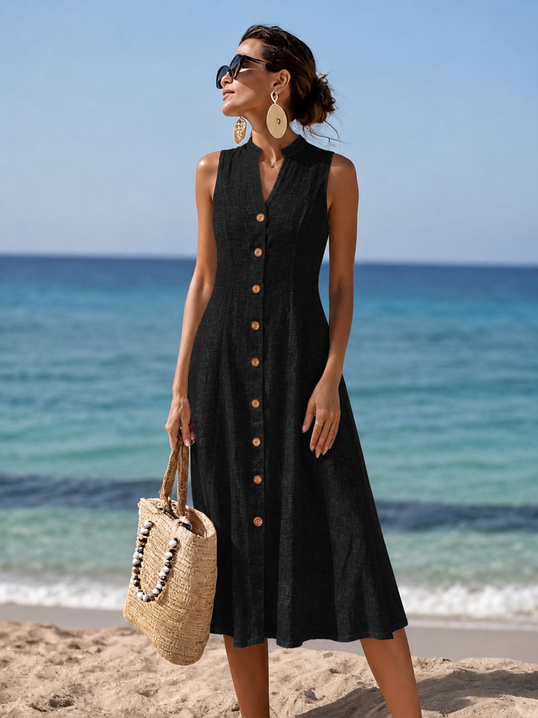 Simone | Button-Front Sleeveless Midi Dress