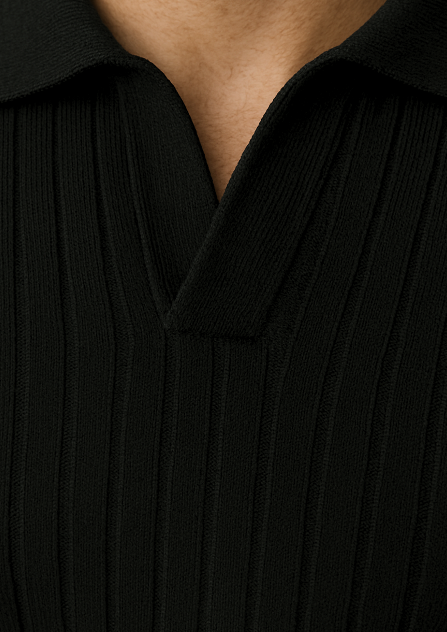 Men’s Black Ribbed Polo Sweater with Open Collar – Smart Casual Knit
