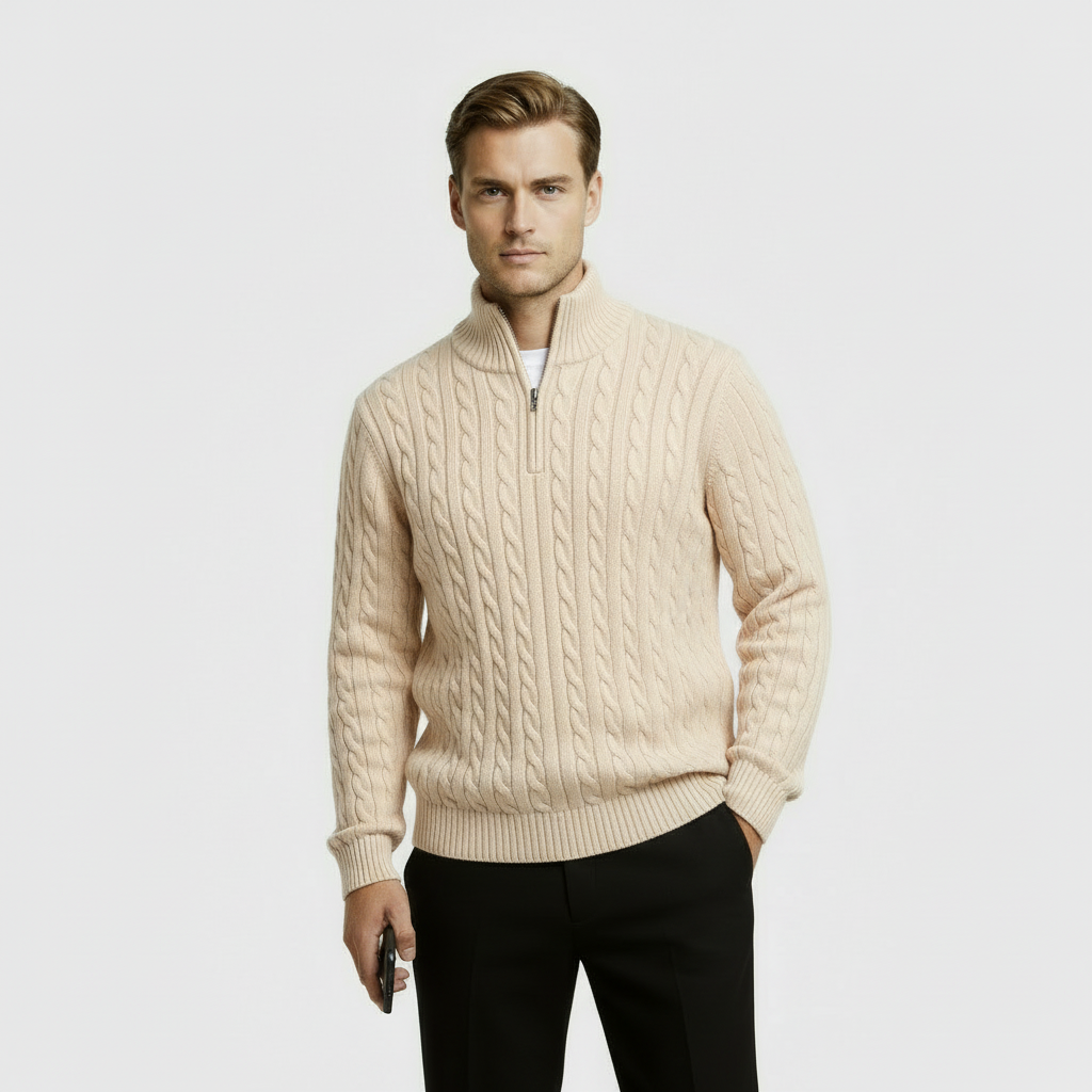 Men’s Cable Knit Quarter Zip Jumper with Stand Collar and Ribbed Hem