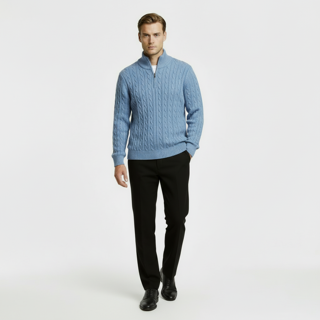 Men’s Cable Knit Quarter Zip Jumper with Stand Collar and Ribbed Hem