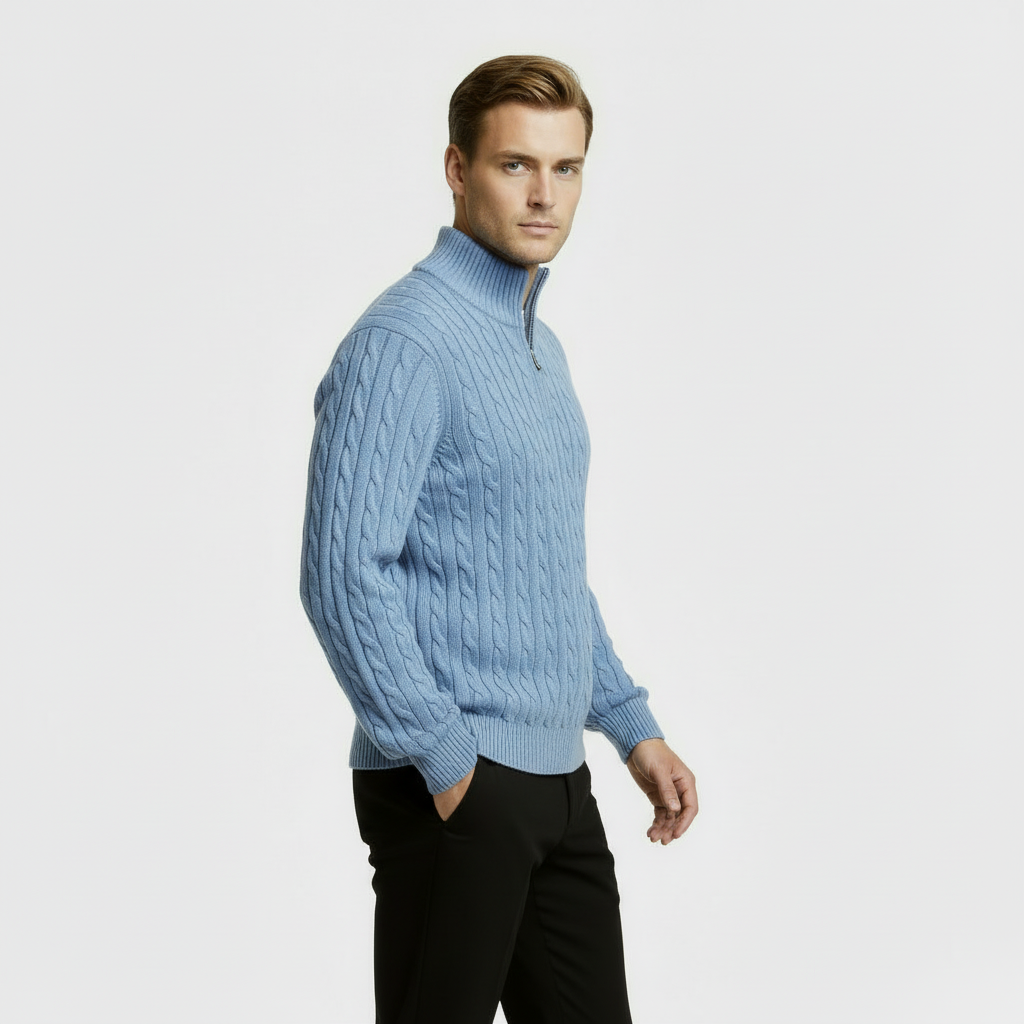 Men’s Cable Knit Quarter Zip Jumper with Stand Collar and Ribbed Hem