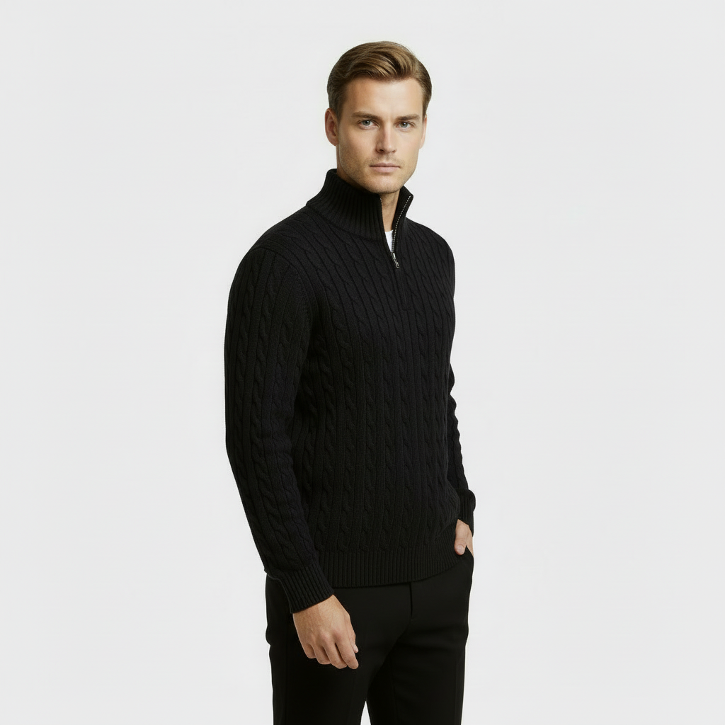 Men’s Cable Knit Quarter Zip Jumper with Stand Collar and Ribbed Hem