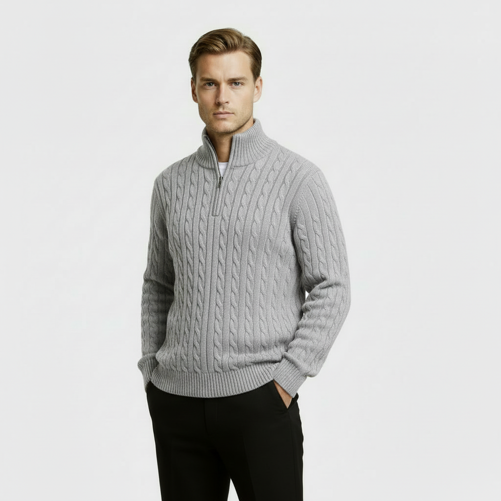 Men’s Cable Knit Quarter Zip Jumper with Stand Collar and Ribbed Hem
