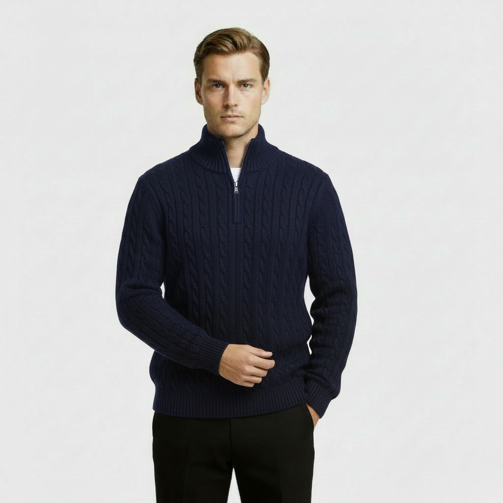 Men’s Cable Knit Quarter Zip Jumper with Stand Collar and Ribbed Hem