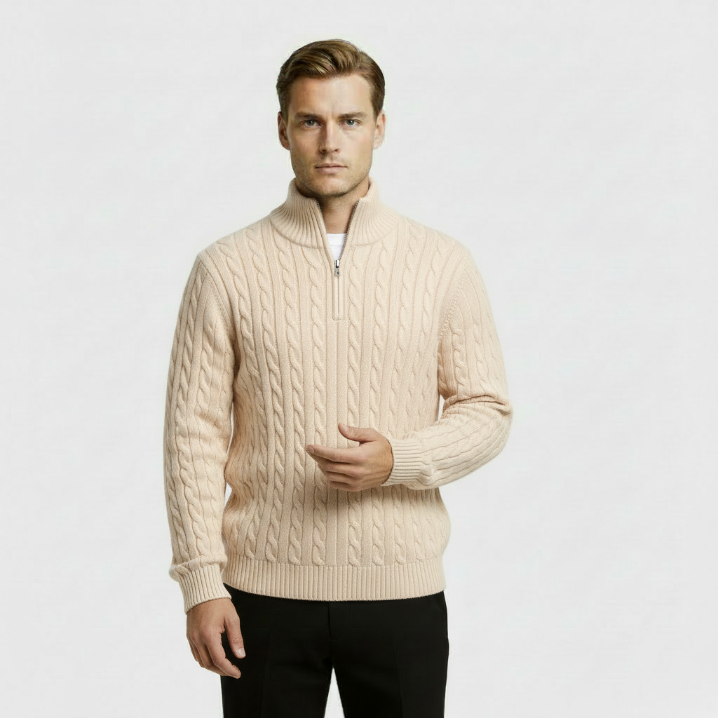 Men’s Cable Knit Quarter Zip Jumper with Stand Collar and Ribbed Hem