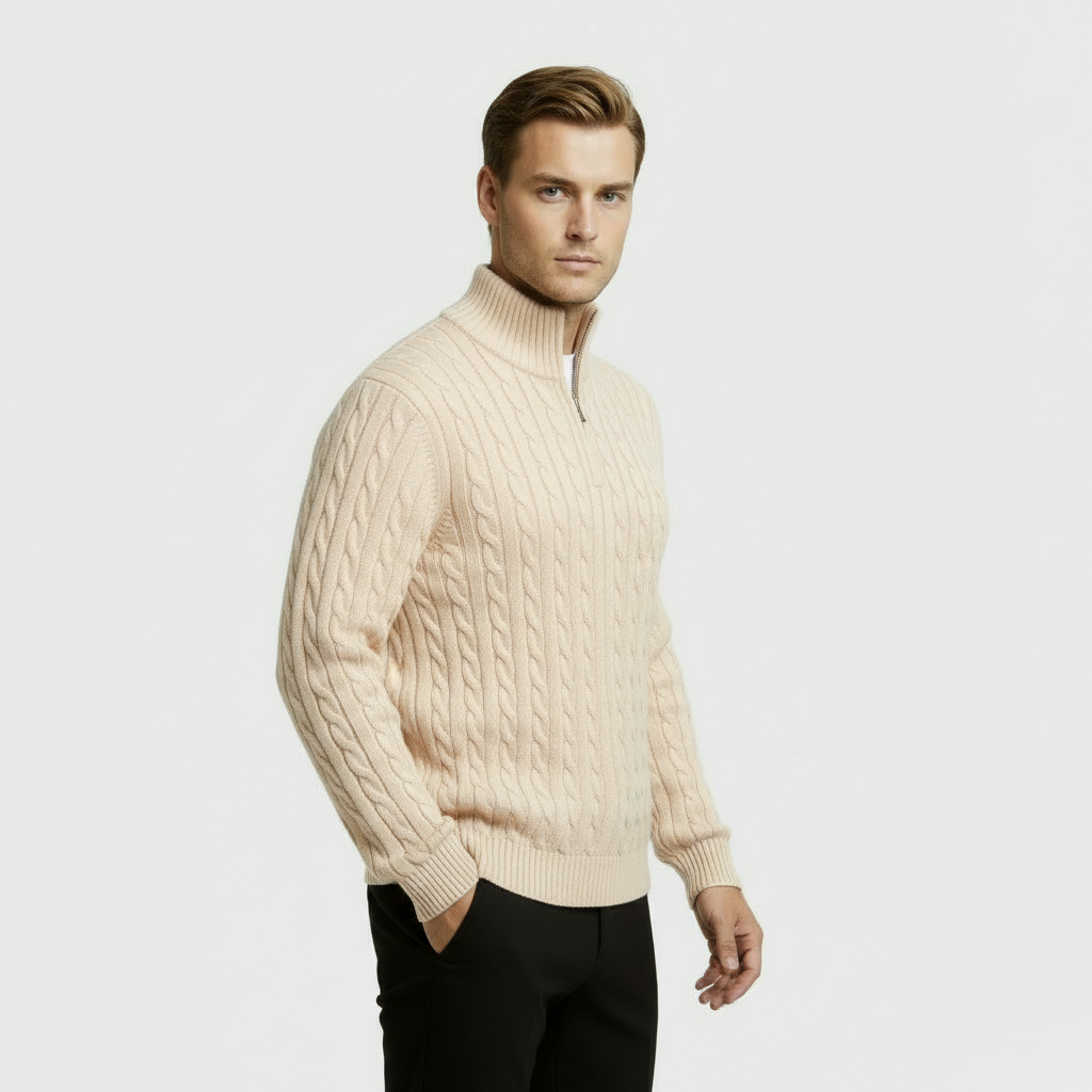 Men’s Cable Knit Quarter Zip Jumper with Stand Collar and Ribbed Hem
