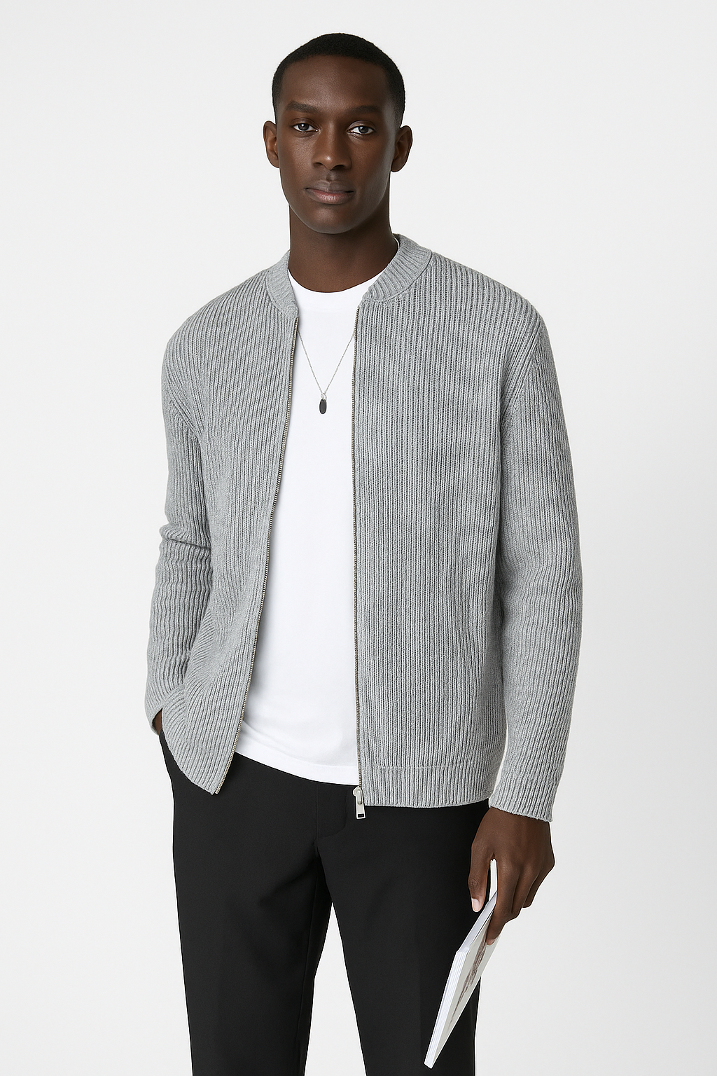 Men’s Cardigan Sweater – Ribbed Knit – Relaxed Fit – Double Zipper – Long Sleeve