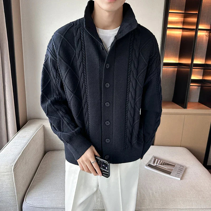 Men’s Chunky Knit Cardigan Sweater with Cable Pattern