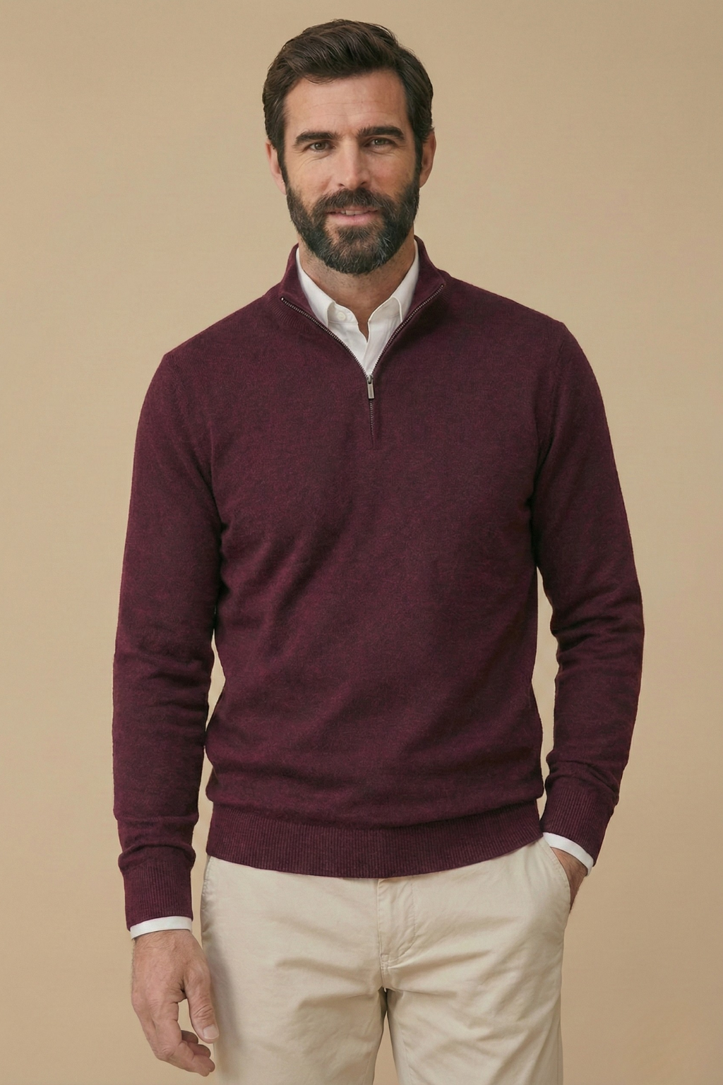 Men’s Half Zip Jumper with Stand Collar and Ribbed Hem