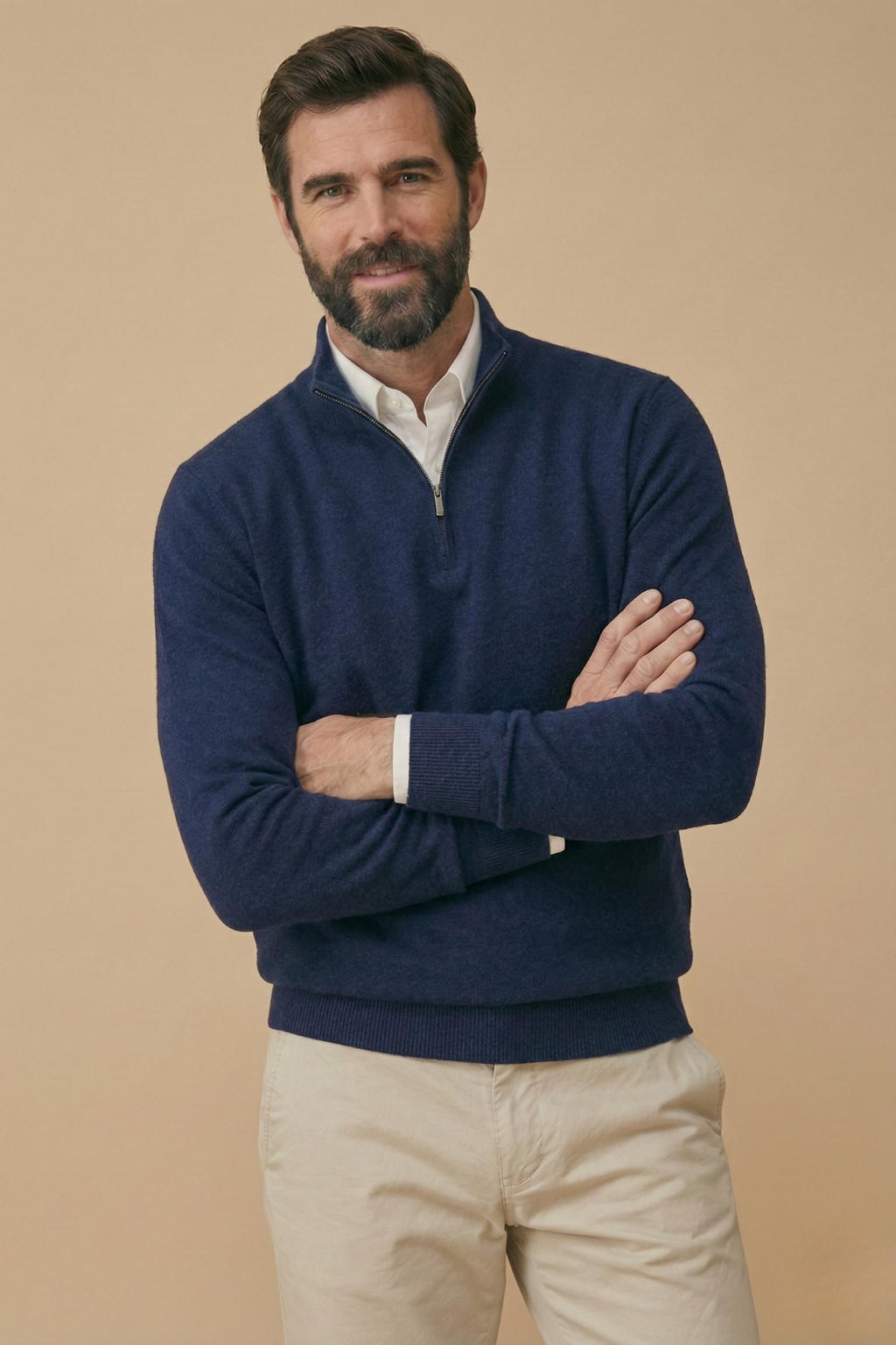 Men’s Half Zip Jumper with Stand Collar and Ribbed Hem