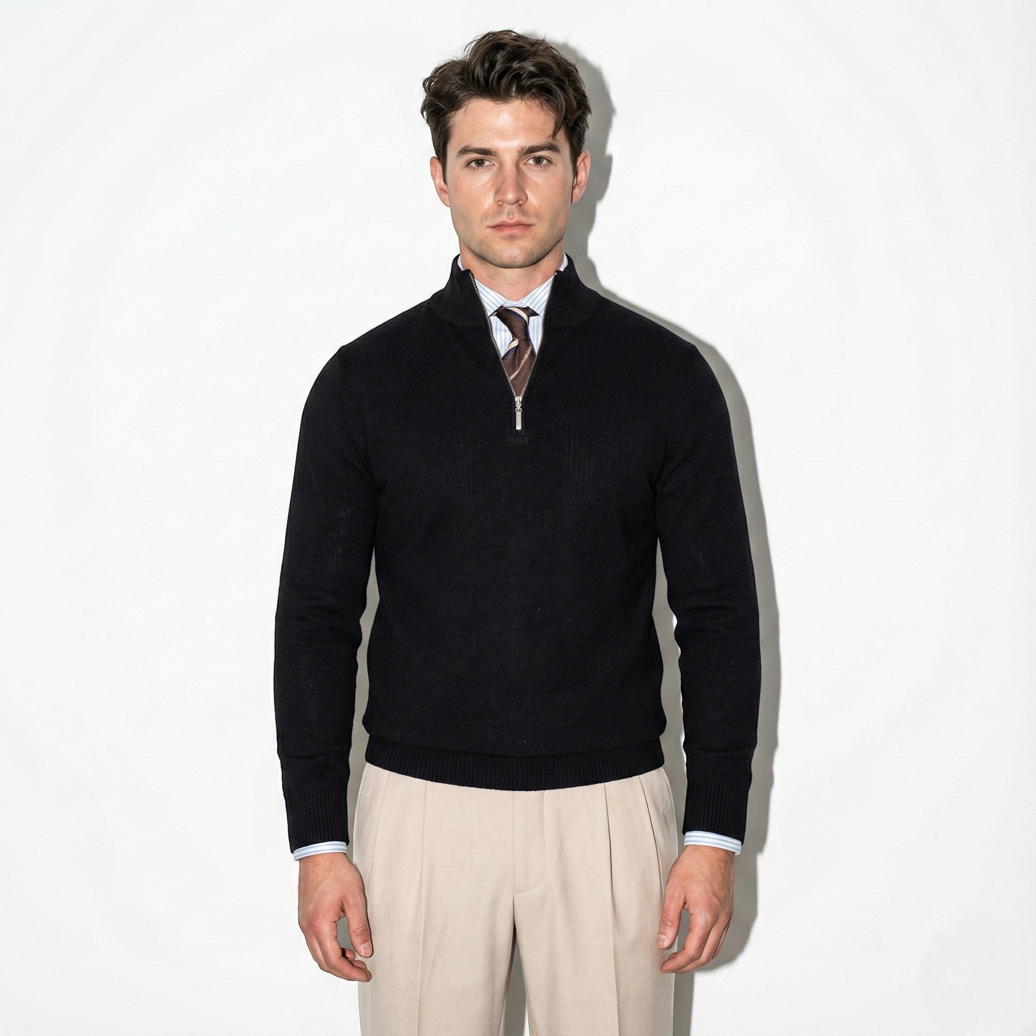 Men’s Half Zip Knitted Jumper with High Collar and Ribbed Trim