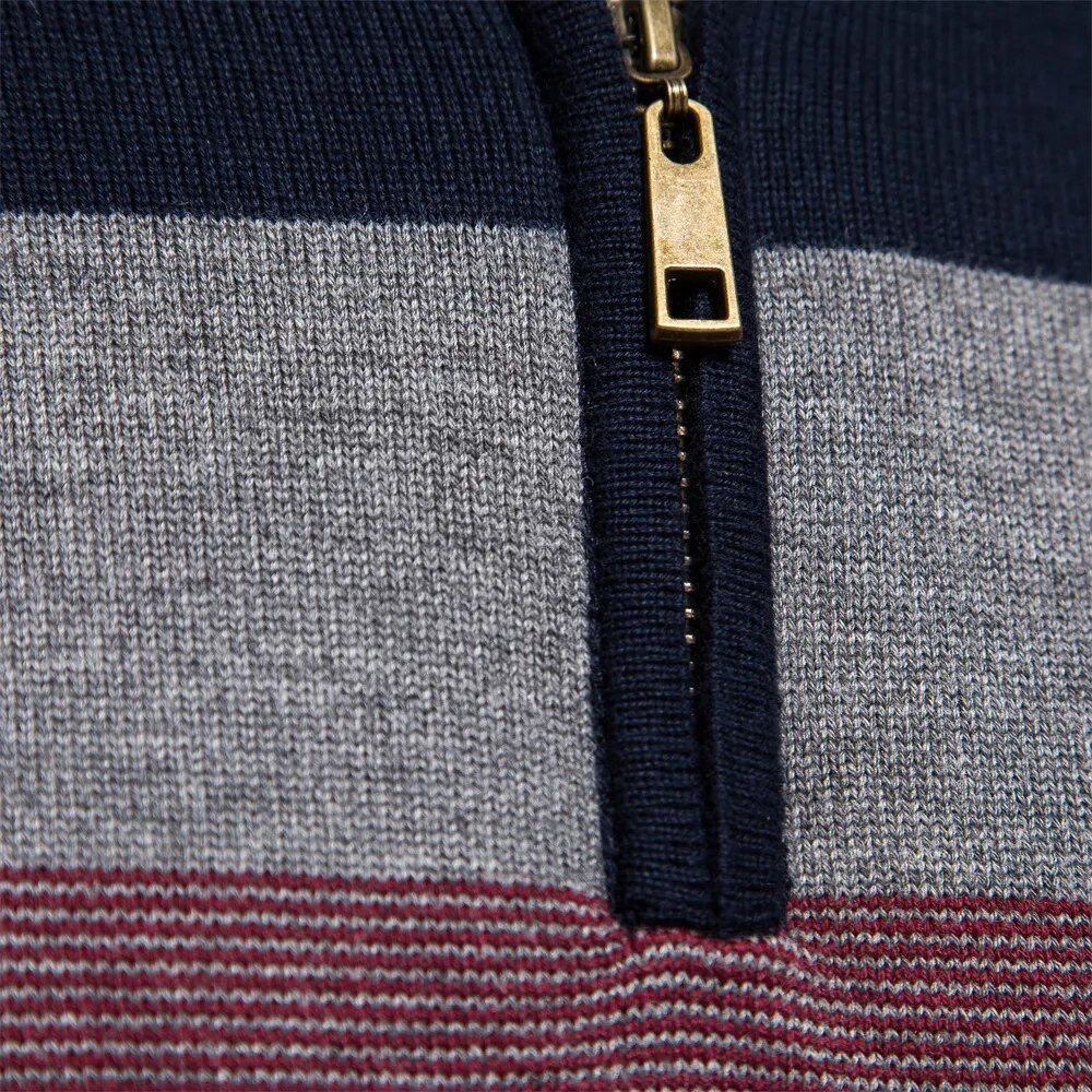 Men’s Half Zip Knitted Sweater with Bold Stripes – Autumn/Winter Casual Wear