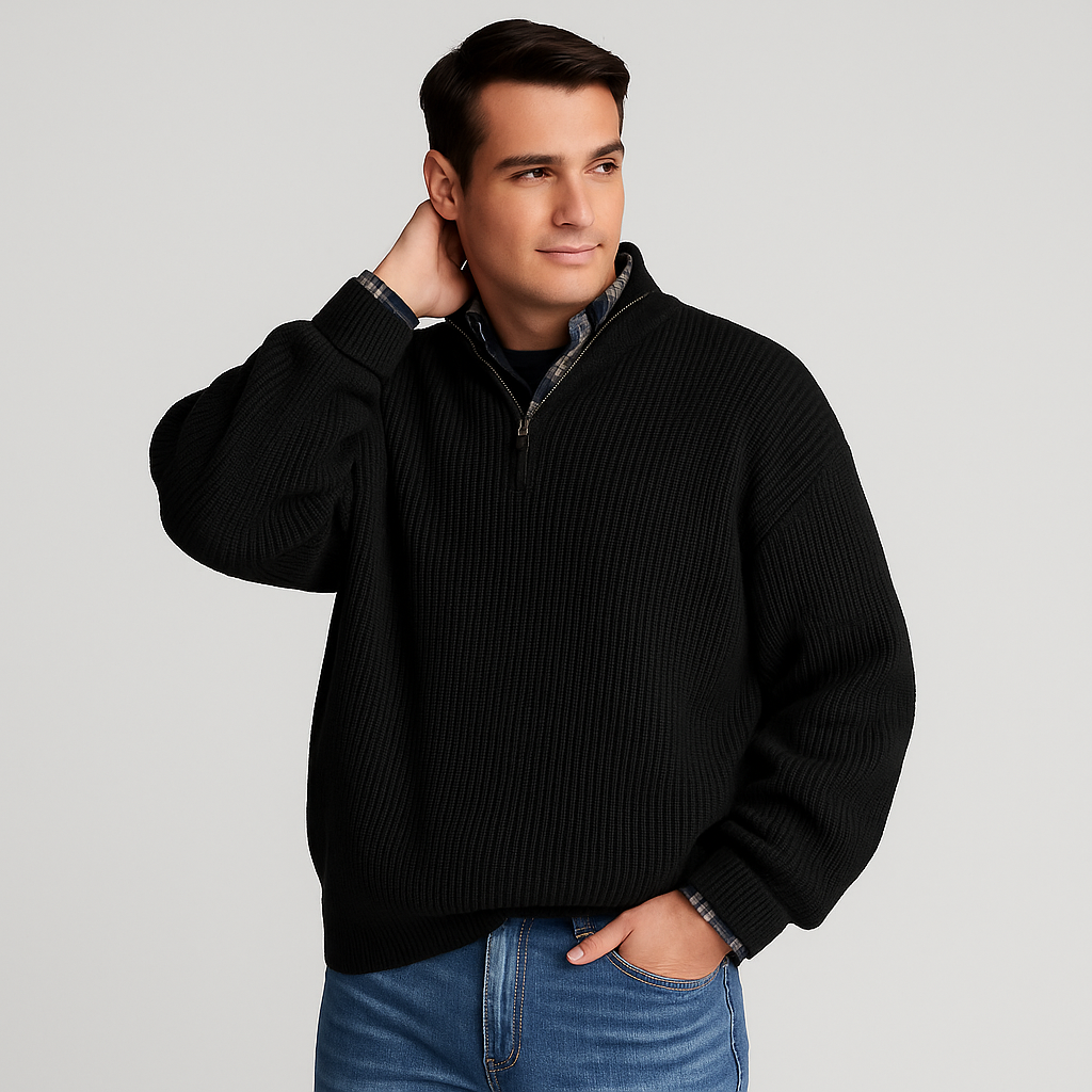 Men’s Half Zip Sweater – Ribbed And Stand Collar Style