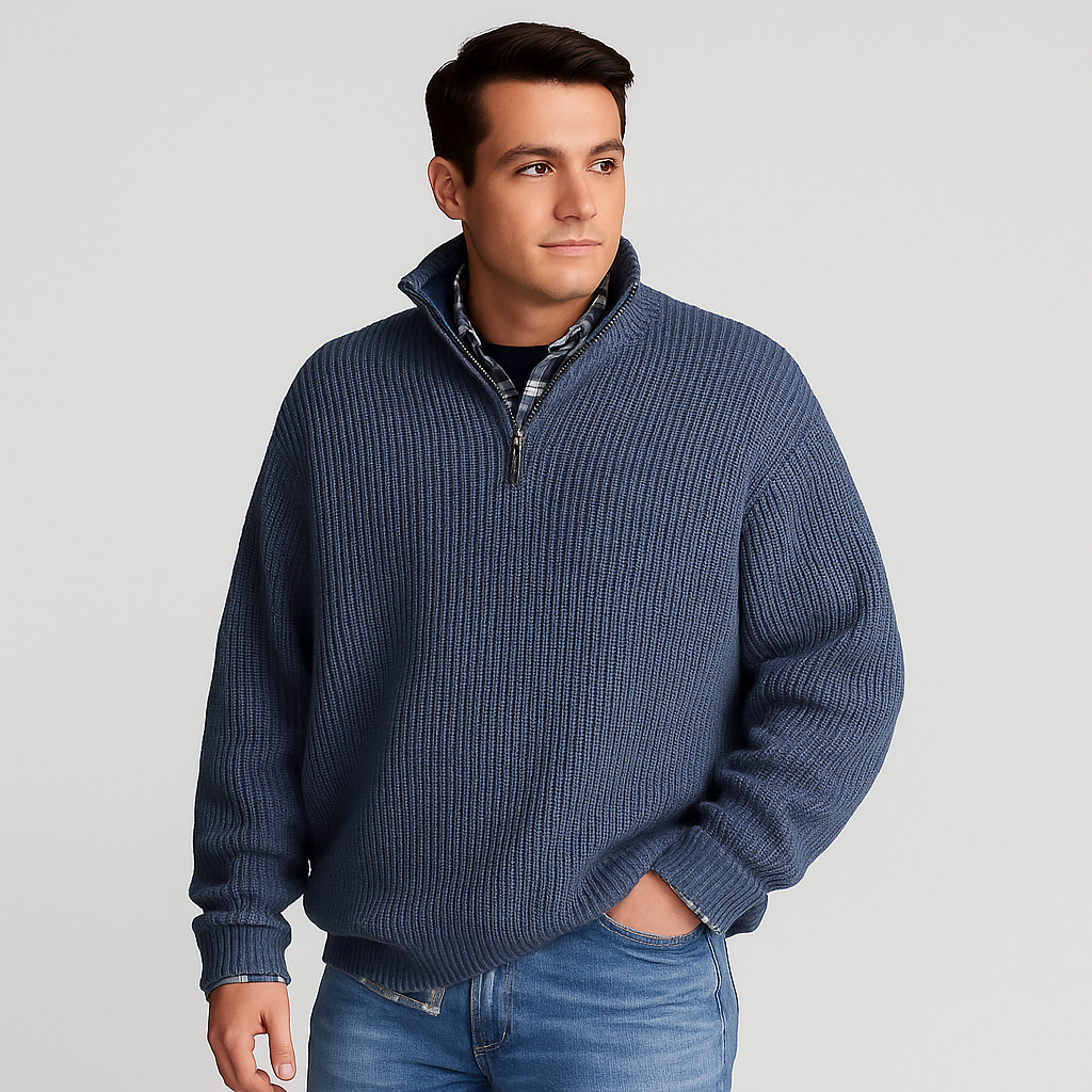 Men’s Half Zip Sweater – Ribbed And Stand Collar Style