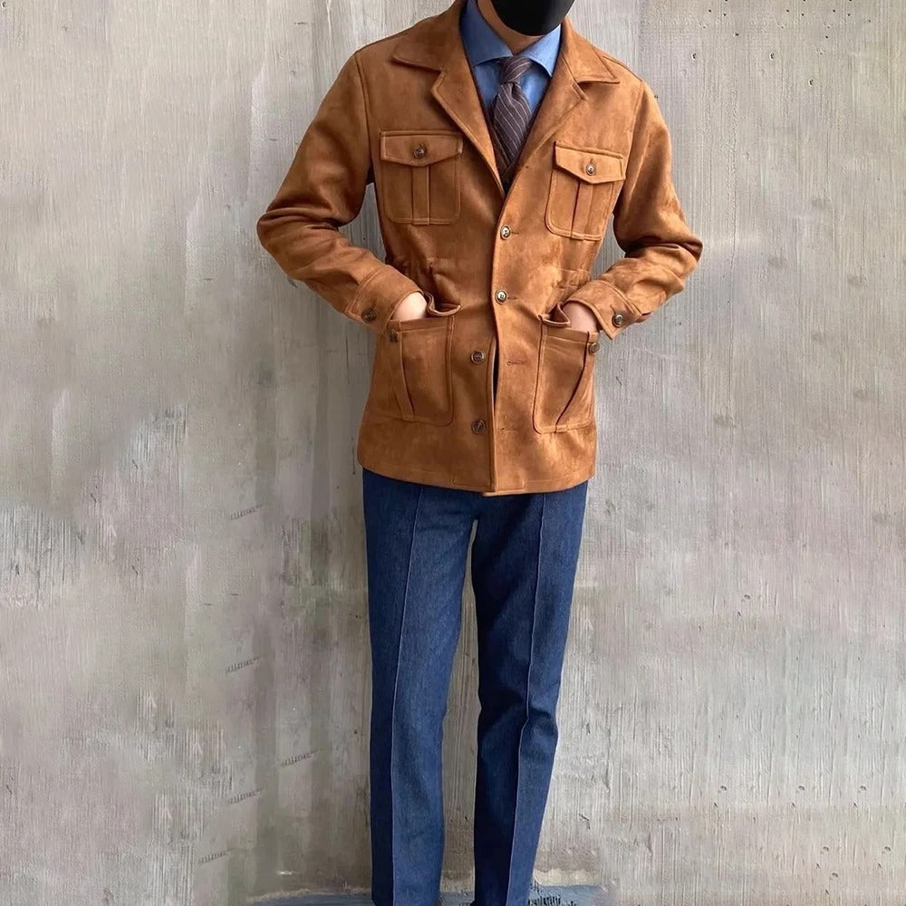 Men’s Suede-Look Hunting Jacket – Four-Pocket, Button Front, Notch Collar