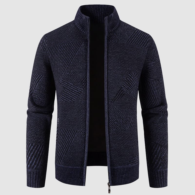 Men’s Zip Cardigan Sweater – Geometric Knit, Mock Neck, Ribbed Trims