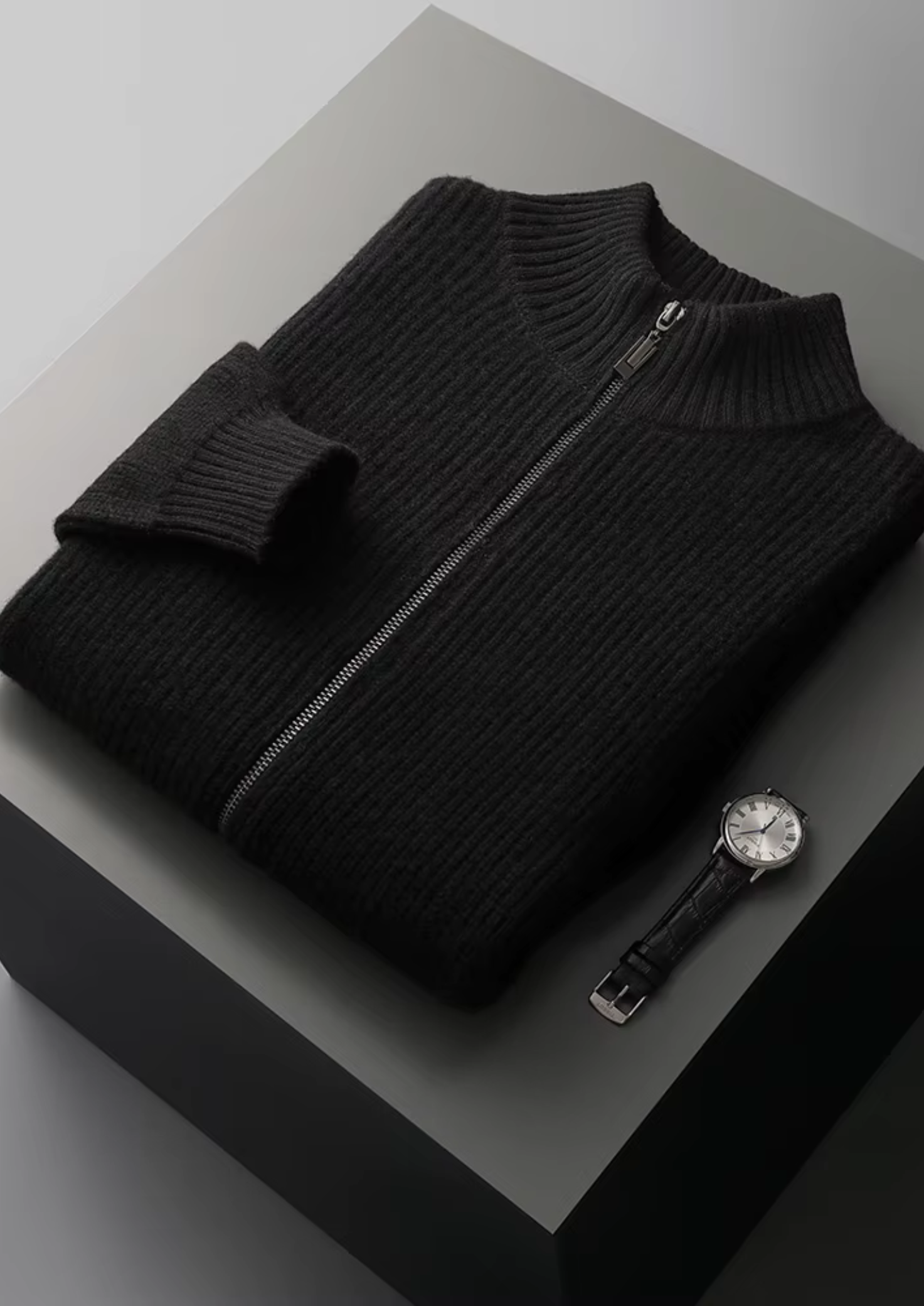 Men’s Zip-Up Ribbed Cardigan Sweater with High Collar – All-Season Casual Layer