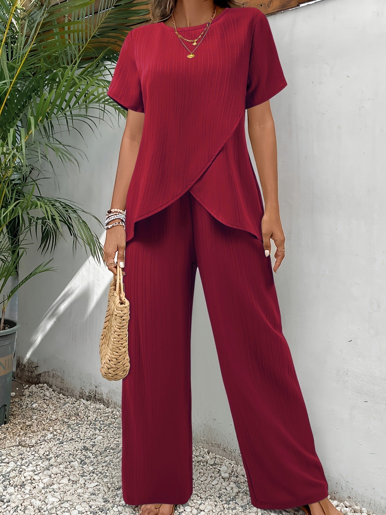 Florence | Textured Wrap-Hem Top & Wide-Leg Trouser Set