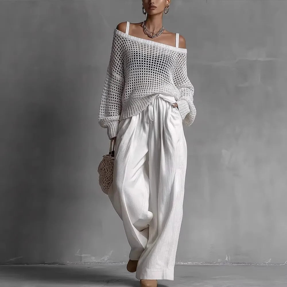 Rosalind | Open-Knit Bardot Top & Wide-Leg Trouser Co-ord Set