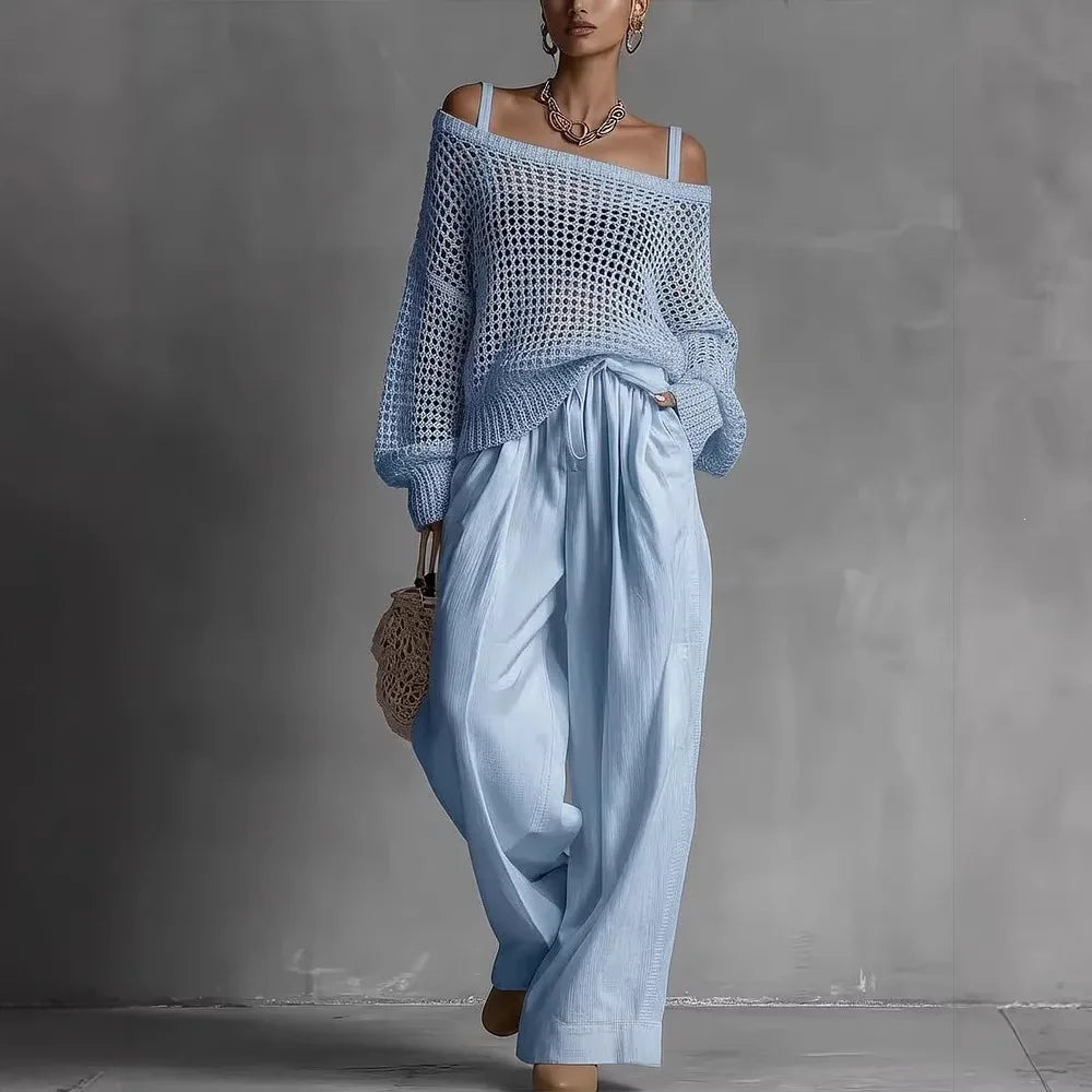 Rosalind | Open-Knit Bardot Top & Wide-Leg Trouser Co-ord Set