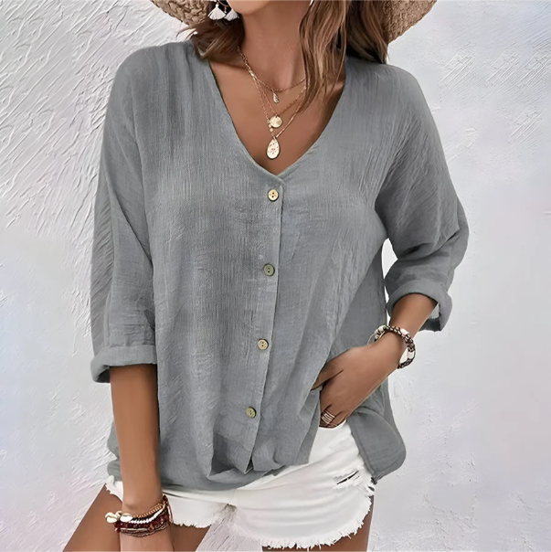 Tabitha | Linen Button Front V-Neck Blouse