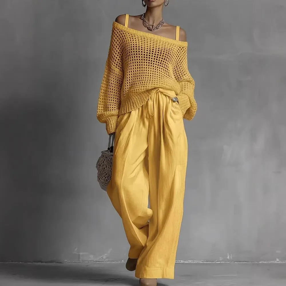 Rosalind | Open-Knit Bardot Top & Wide-Leg Trouser Co-ord Set