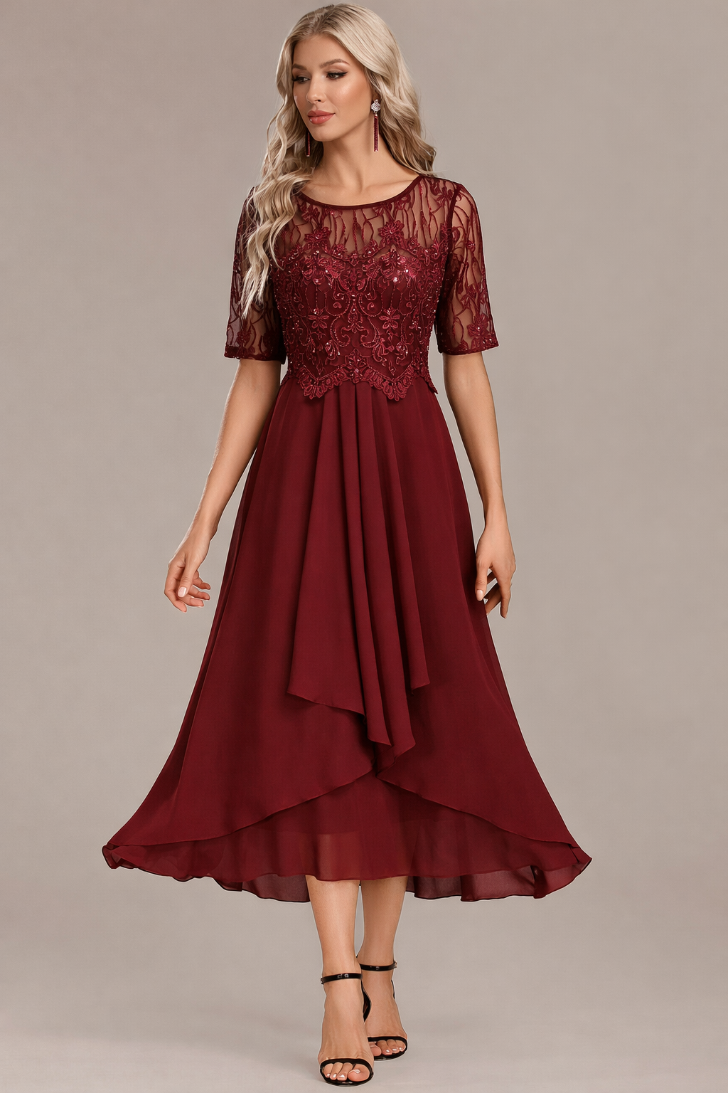 Sophie | Sequin Lace Bodice Chiffon Midi Dress