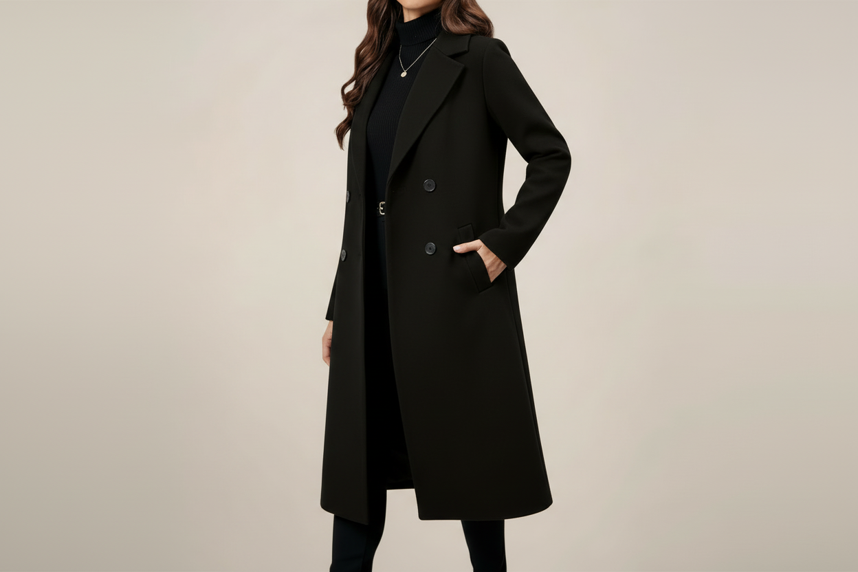 Women’s Double-Breasted Long Overcoat – Tailored Fit for Autumn & Winter