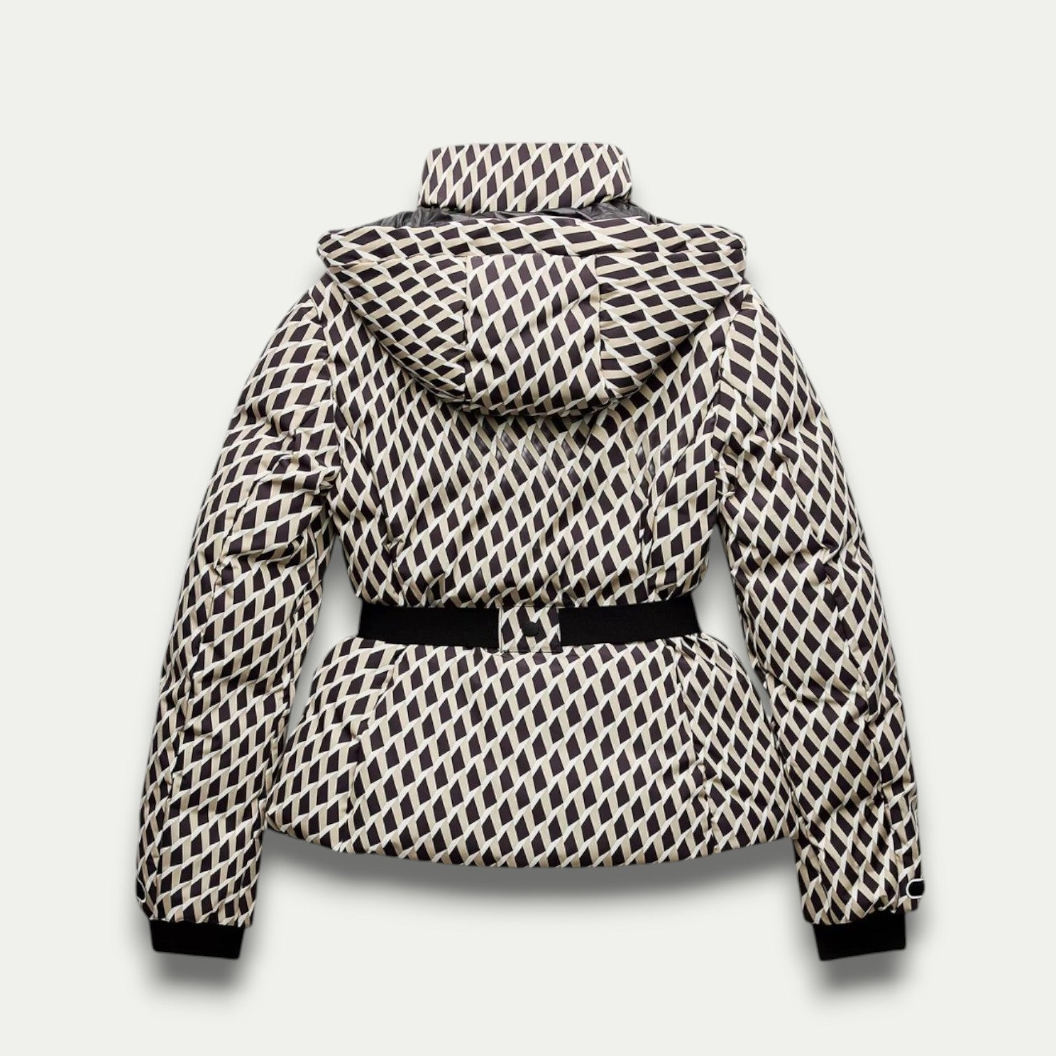 Women’s Beige Patterned Puffer Jacket – Belted, Water-Resistant, Insulated