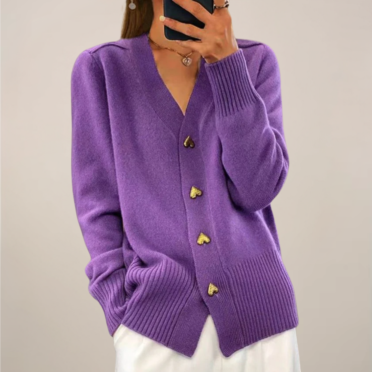 Women’s Cardigan – Gold Heart Button Detail, Elegant Layering Essential