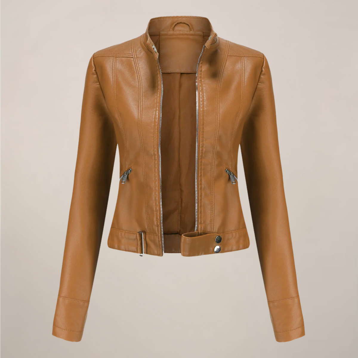 Women’s Faux Leather Biker Jacket – Tailored Short Zip-Up Design