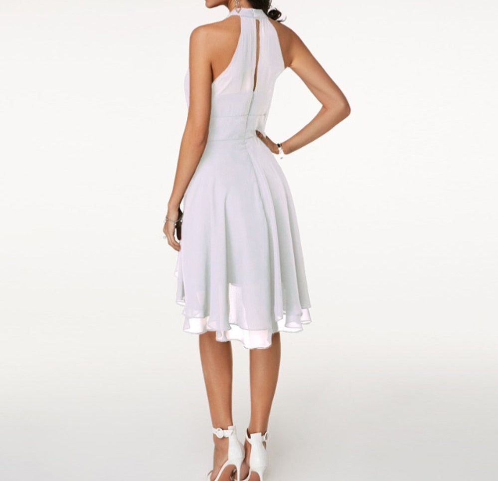 Women’s Halter Midi Dress – Flared Skirt with Ruffle Detailing