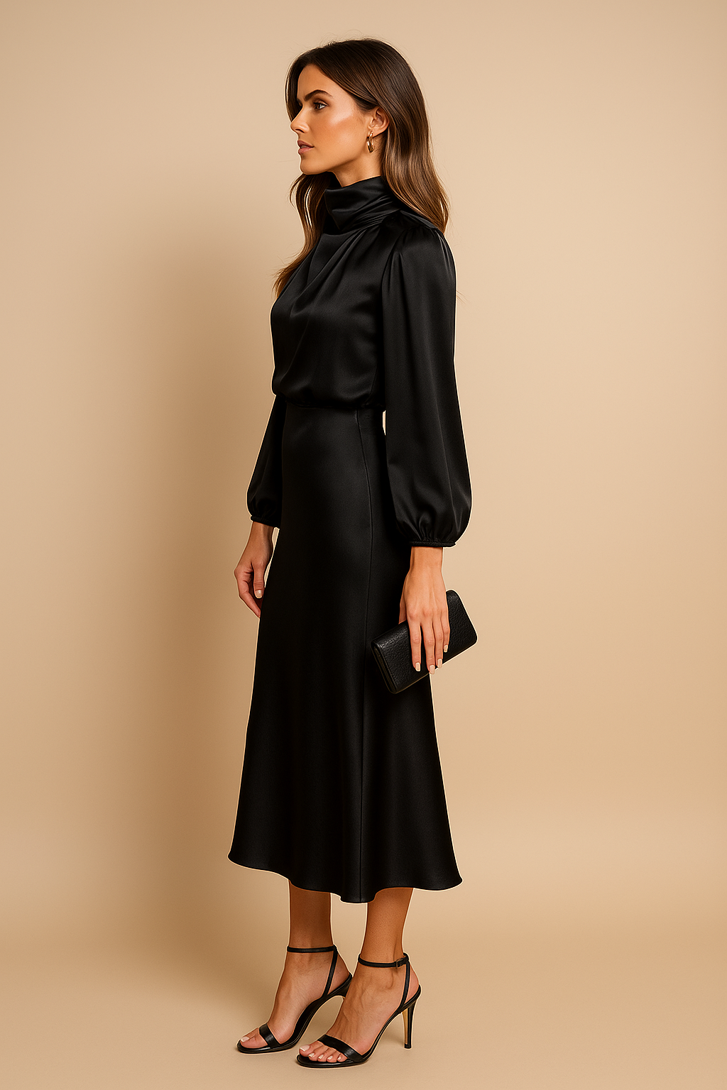 Women’s High Neck Midi Dress – Elegant High Waist Silhouette