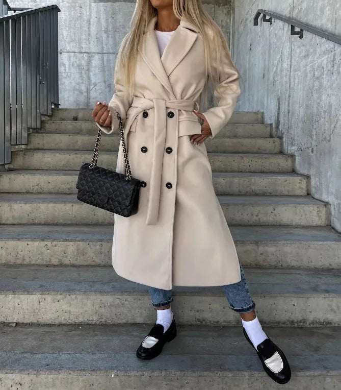 Women’s Long Double-Breasted Coat – Classic Belted Winter Overcoat