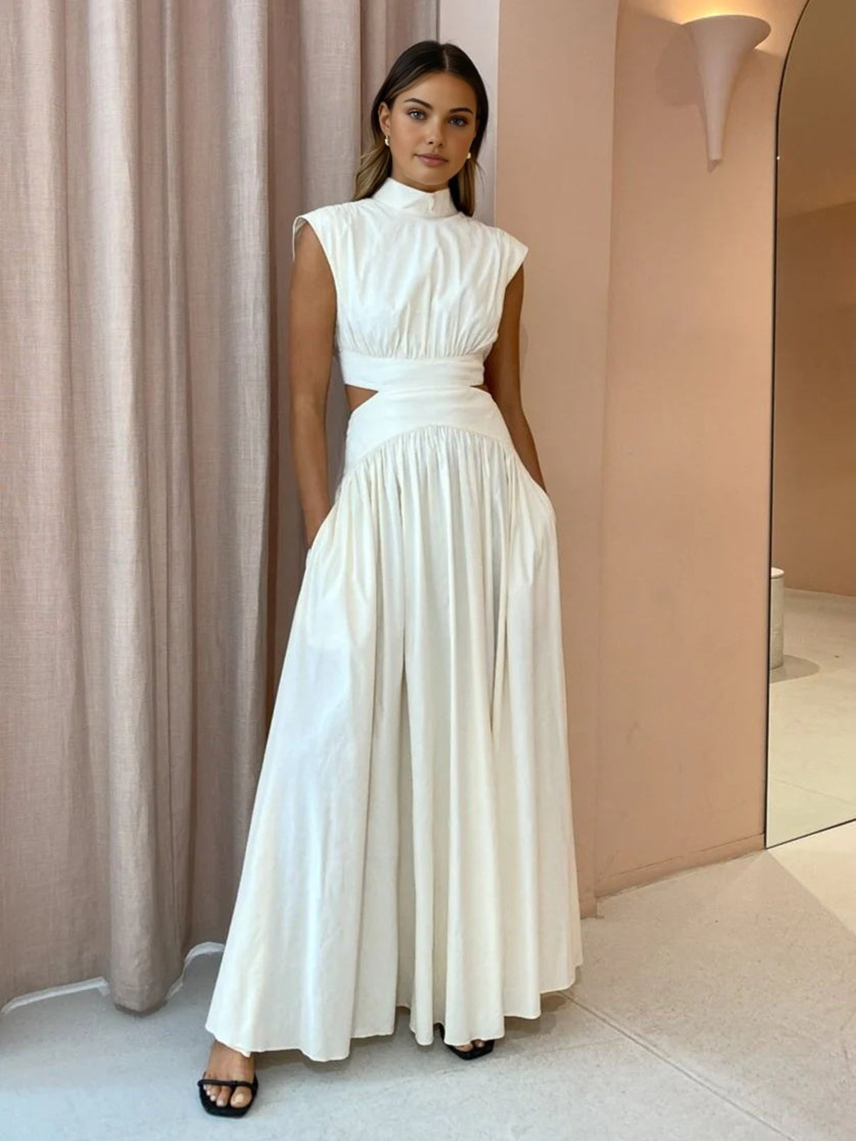 Women’s Mock Neck Maxi Dress – Sleeveless Romantic Style for Work, Holidays, and Parties